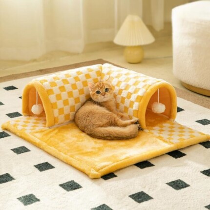 Cama de túnel xadrez xadrez de pelúcia engraçada 2 em 1 para gatos | Petz