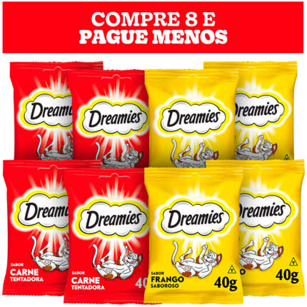 Kit Petisco Dreamies para Gatos Adultos 4 Carne e 4 Frango - 8 Unidades | Petz