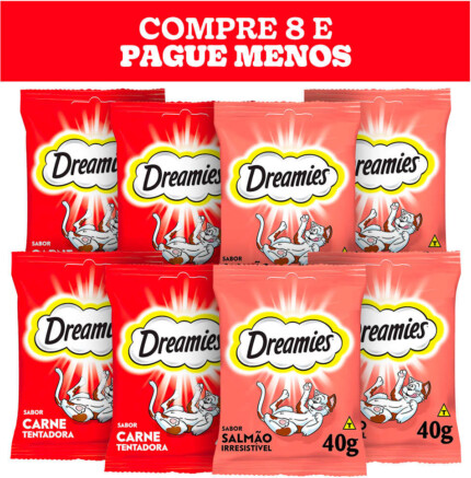 Kit Petisco Dreamies para Gatos Adultos 4 Carne e 4 Salmão - 8 Unidades | Petz