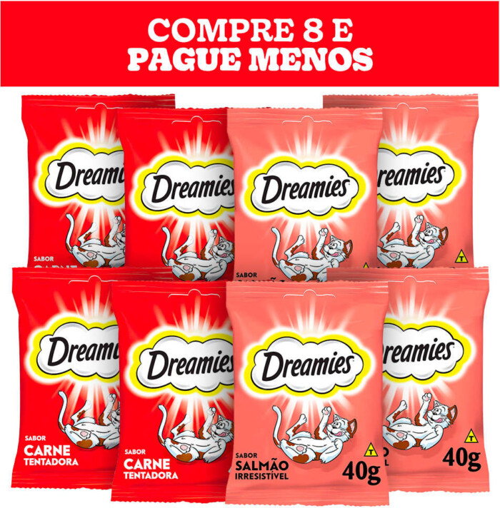 Kit Petisco Dreamies para Gatos Adultos 4 Carne e 4 Salmão - 8 Unidades | Petz