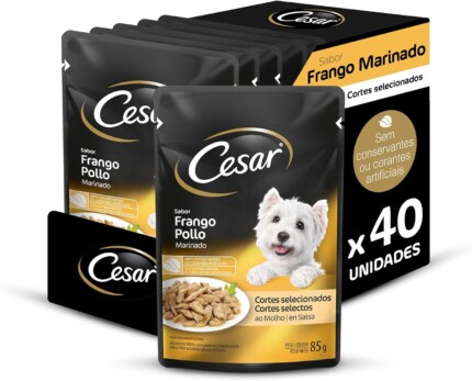 Pack Ração Úmida Cesar Sachê Cortes Selecionados Frango Marinado ao Molho Para Cães Adultos 85 g - 40 unidades | Petz