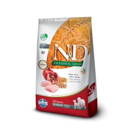 Ração Farmina N&D Ancestral Grain para Cães Sênior de porte Médio sabor Frango e Romã | Petz