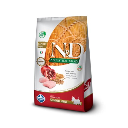 Ração Farmina N&D Ancestral Grain para Cães Sênior de porte Mini sabor Frango e Romã | Petz