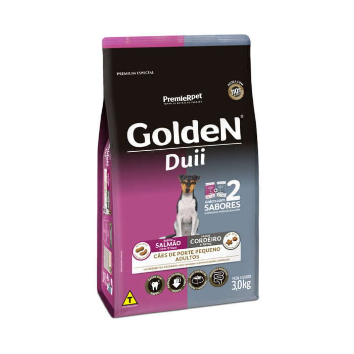 Ração Golden Duii Mini Bits para Cães Adultos de Porte Pequeno Sabor Salmão com Ervas e Cordeiro com Arroz - 3kg | Petz