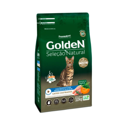 Ração Golden Seleção Natural para Gatos Adultos Castrados Sabor Frango com Abóbora e Alecrim | Petz