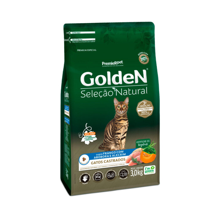 Ração Golden Seleção Natural para Gatos Adultos Castrados Sabor Frango com Abóbora e Alecrim | Petz